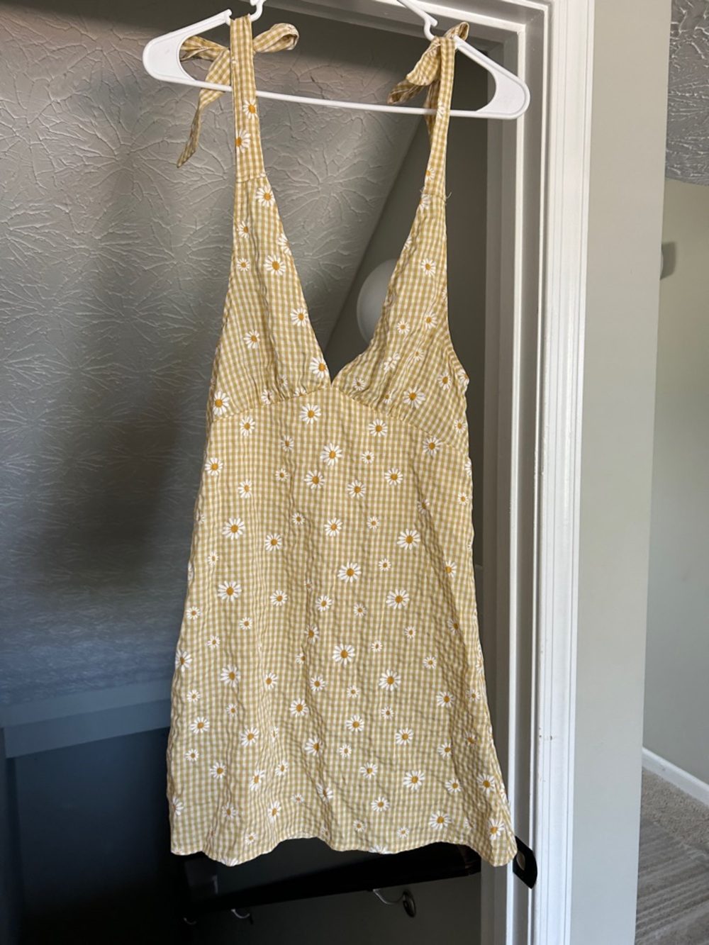 Sunflower and Gingham tie shoulder dress